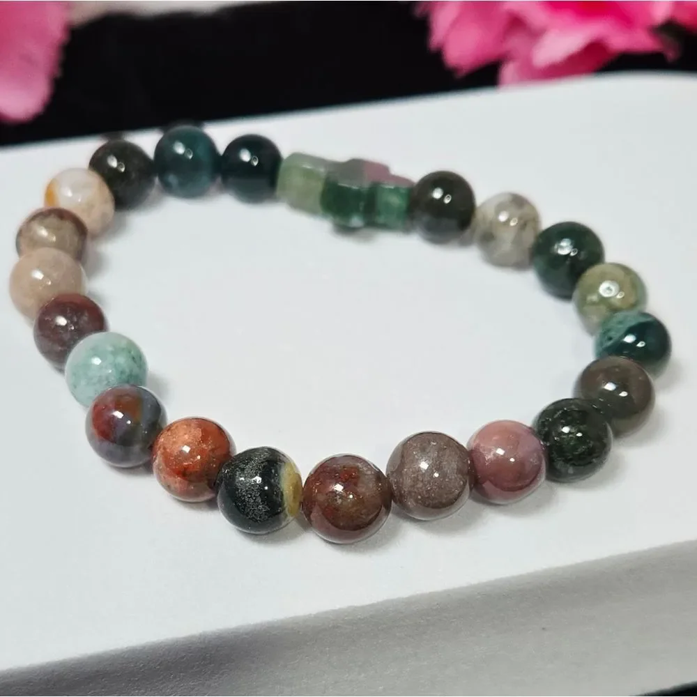 Natural Indian Agate Green Aventurine Cross Stretch Bracelet Christian Gift
